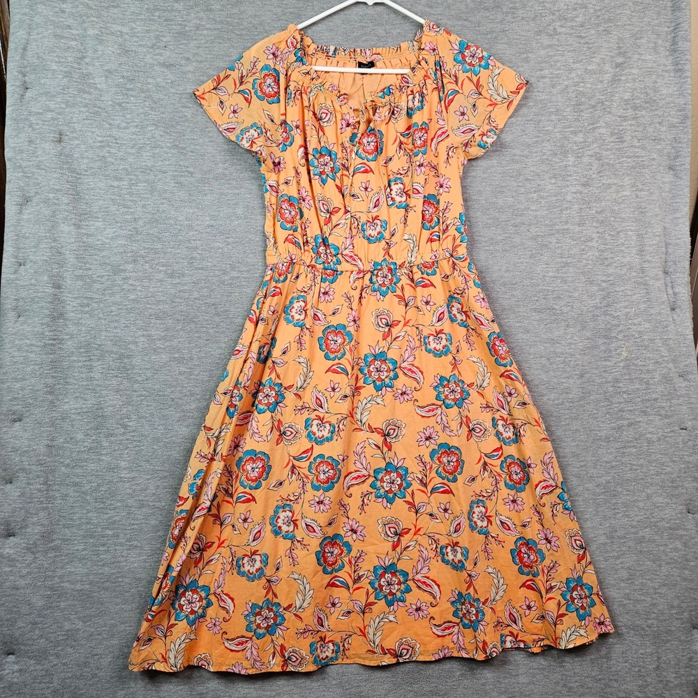 Talbots Orange Floral Cotton Midi Dress Size 6 Fit Flare Smocked Short Sleeve